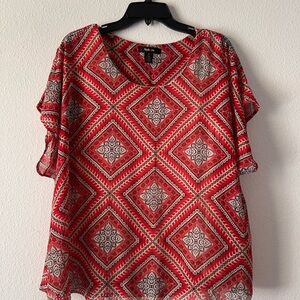 Style & Co Women Red, Black,Cream Flutter Sleeve Blouse XL, excellent condition